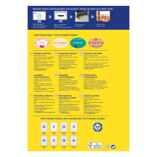 Slika je promotivna grafika za Avery etikete za ispis, sadrži upute o tome kako dizajnirati i ispisati etikete. Uključuje dijelove na više jezika s opisima raznih vrsta etiketa, njihovu upotrebu i kontaktne informacije.