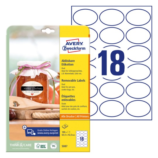 Slika pakiranja s listom naljepnica: Avery Zweckform ovalne naljepnice, uklonjive, artikal: 5087, format: 63,5 x 42,3 mm, prikladnost za ispis: Inkjet, crno/bijeli laser, laserski u boji, sadržaj: 180 naljepnica / 10 listova, 18 naljepnica/list.
