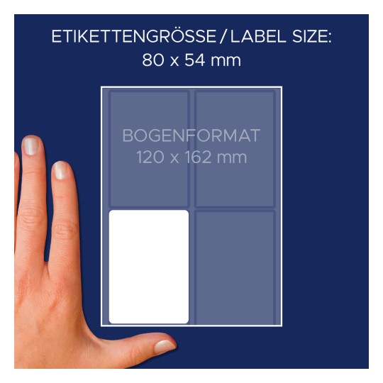 Usporedba veličine s rukom, Artikl: 51065, jedan list naljepnica s imenima, format: 80 x 54 mm, boja: bijela?