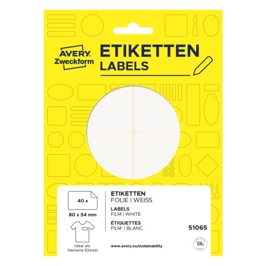 Prikaz pakiranja: Avery Zweckform, Artikl: 51065, Format: 80 x 54 mm, Sadržaj: 40 etiketa / 10 listova, /List?