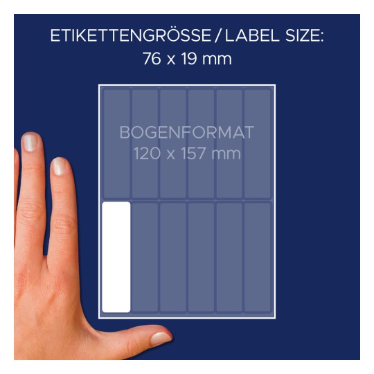 Veličina u usporedbi s rukom, artikal: 51066, list etiketa s imenima, format: 76 x 19 mm, boja: bijela?
