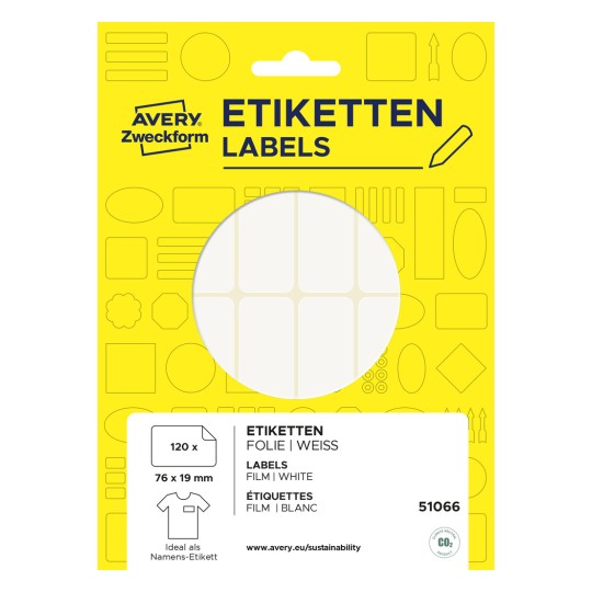 Slika pakiranja: Avery Zweckform, Artikl: 51066, Format: 76 x 19 mm, Sadržaj: 120 naljepnica / 10 listova.