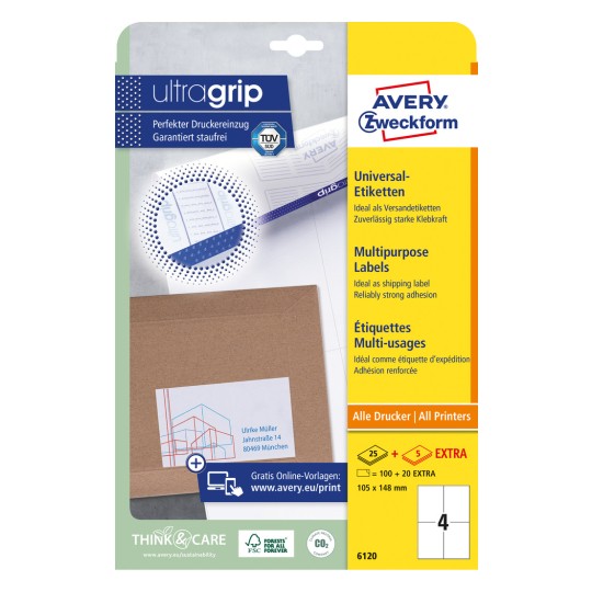 Slik prikaza pakiranja: Avery Zweckform univerzalne naljepnice, trajno ljepljive, Artikl: 6120, Format: 105 x 148 mm, Pogodno za pisače: Inkjet, crno-bijeli laser, laserski u boji, Sadržaj: 120 naljepnica / 30 listova, 4 naljepnice/list.