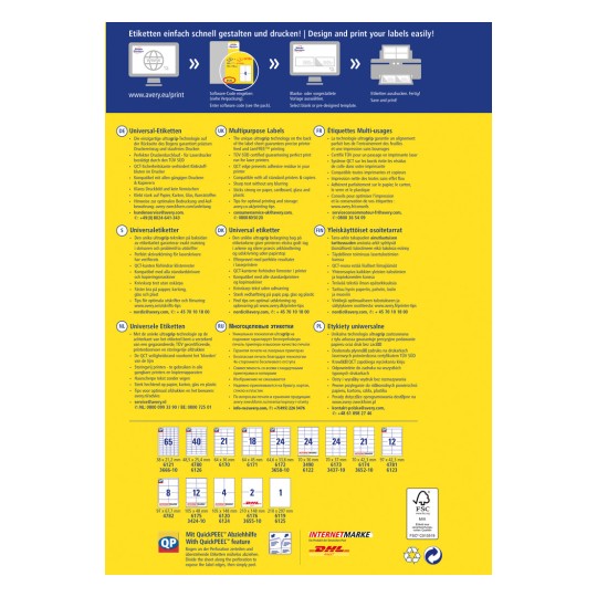 Slika prikazuje vodič za dizajniranje i tiskanje naljepnica, s različitim jezicima i specifikacijama za vrste naljepnica, uz kontakt informacije.