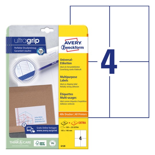 Slika pakiranja s listom etiketa: Avery Zweckform Universal-Etiketten, artikl: 6120, format: 105 x 148 mm, prikladno za ispis: Inkjet, crno/bijeli laserski pisač, kolor laserski pisač, sadržaj: 120 etiketa / 30 listova, 4 etikete/list?