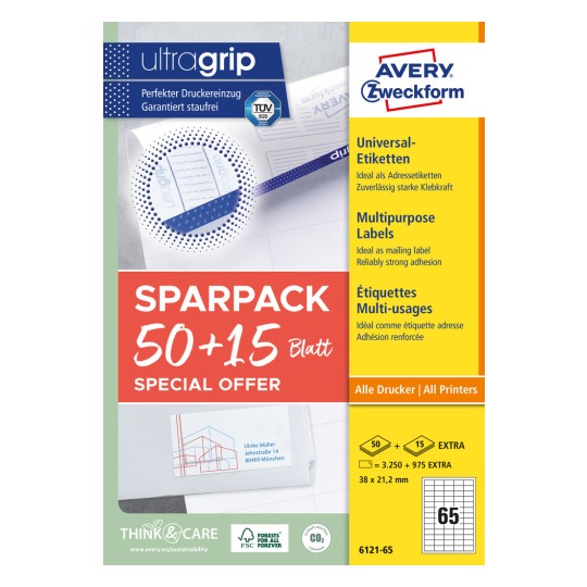 Slika pakiranja: Avery Zweckform univerzalne naljepnice, trajno ljepljive, artikl: 6121-65, format: 38 x 21,2 mm, prikladne za tisak: inkjet, crno-bijeli laserski, laserski u boji, sadržaj: 4.225 naljepnica / 65 listova, 65 naljepnica/list?