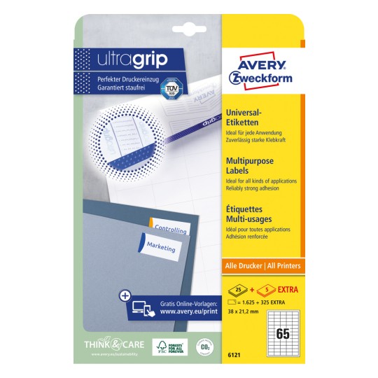 Slikovna prikaza pakiranja: Avery Zweckform univerzalne naljepnice, trajno ljepljive, artikl: 6121, format: 38 x 21,2 mm, pogodnost za ispis: inkjet, crno-bijeli laser, laserski pisač u boji, sadržaj: 1.950 naljepnica / 30 listova, 65 naljepnica/ list.