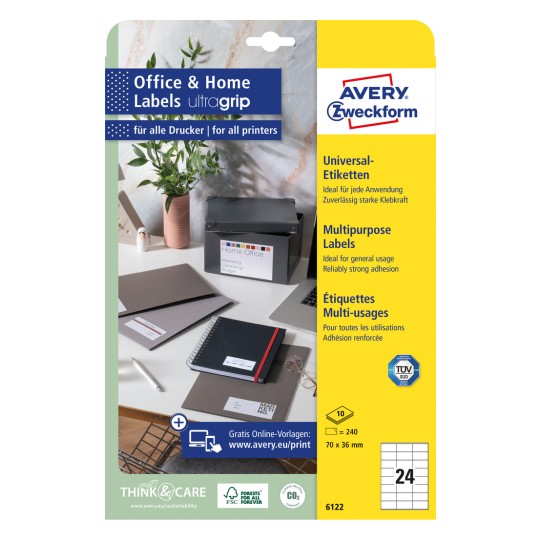 Slika pakiranja: Avery Zweckform univerzalne naljepnice, trajno ljepljive, Artikl: 6122, Format: 70 x 36 mm, Pogodnost za tiskanje: Inkjet, Crno-bijeli laser, Kolor laser, Sadržaj: 240 naljepnica / 10 listova, 24 naljepnice/ list?
