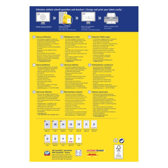Slika je višejezični vodič za dizajniranje i ispis naljepnica, sadrži upute i savjete za korištenje Avery višenamjenskih naljepnica. Uključuje odjeljke na njemačkom, engleskom, francuskom, nizozemskom, finskom, ruskom i poljskom jeziku te prikazuje specifikacije proizvoda.