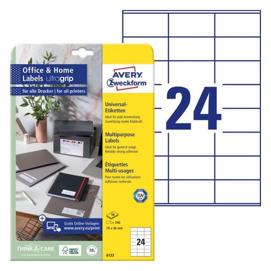 Pakiranje sa listom naljepnica: Avery Zweckform naljepnice, kućni ured, malo pakiranje, artikal: 6122, format: 70 x 36 mm, prikladne za: inkjet, crno-bijeli laser, laserski u boji, sadržaj: 240 naljepnica / 10 listova, 24 naljepnice/list.