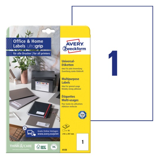 Slika pakiranja s listom naljepnica: Avery Zweckform naljepnice, kućni ured, malo pakiranje, artikl: 6125, format: 210 x 297 mm, prikladno za pisače: inkjet, laserski crno/bijelo, laserski u boji, sadržaj: 10 naljepnica / 10 listova, 1 naljepnica/list?