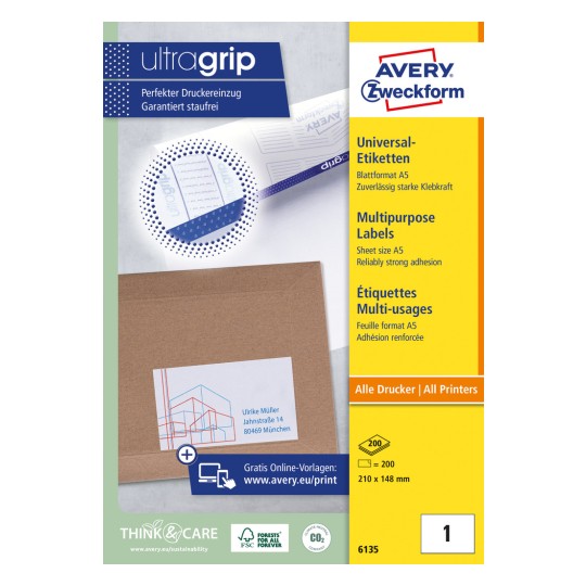 Slika pakiranja: Avery Zweckform bijele univerzalne naljepnice u posebnim oblicima, Artikl: 6135, Format: 210 x 148 mm, Pogodno za ispis: Inkjet, crno-bijeli laser, laserski u boji, Sadržaj: 200 naljepnica / 200 listova, 1 naljepnica/list?