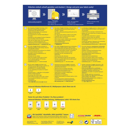 Slika je informativna grafika o proizvodima za ispis naljepnica tvrtke Avery, koja sadrži upute na raznim jezicima, specifikacije proizvoda i savjete za dizajn za učinkoviti ispis naljepnica.
