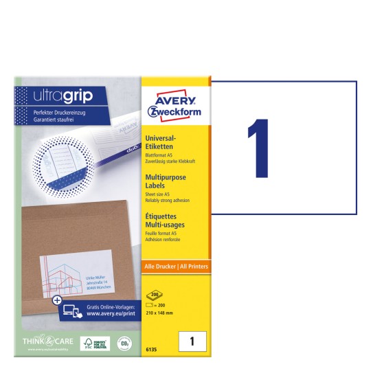 Pakiranje s prikazom naljepnica: Avery Zweckform univerzalne naljepnice, artikl: 6135, format: 210 x 148 mm, pogodnost za ispis: tintni pisač, crno/bijeli laserski pisač, kolor laserski pisač, sadržaj: 200 naljepnica / 200 listova, 1 naljepnica/list?