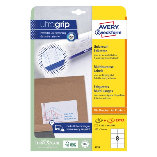 Slika pakiranja: Avery Zweckform univerzalne naljepnice, trajno ljepljive, Artikl: 6138, Format: 105 x 74 mm, Pogodno za ispis: Inkjet, laserski crno-bijeli, laserski u boji, Sadržaj: 240 naljepnica / 30 listova, 8 naljepnica po listu.