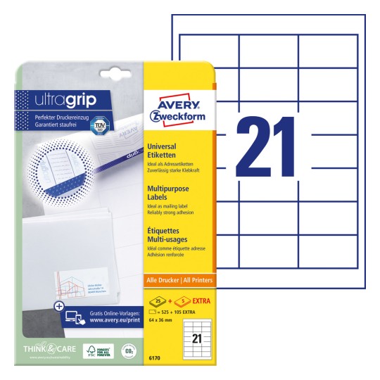 Slika pakiranja s etiket-arkom: Avery Zweckform Universalne etikete, Artikl: 6170, Format: 64 x 36 mm, Pogodno za ispis: Inkjet, Crno-bijeli laser, Kolorni laser, Sadržaj: 630 etiketa / 30 araka, 21 etiketa/arak?