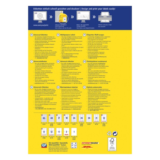 Slika pruža informacije o univerzalnim etiketama od tvrtke Avery, detaljno opisujući tehnologiju ispisa, kompatibilnost i značajke na više jezika. Uključuje mrežu koja prikazuje specifične veličine etiketa i brojeve proizvoda.