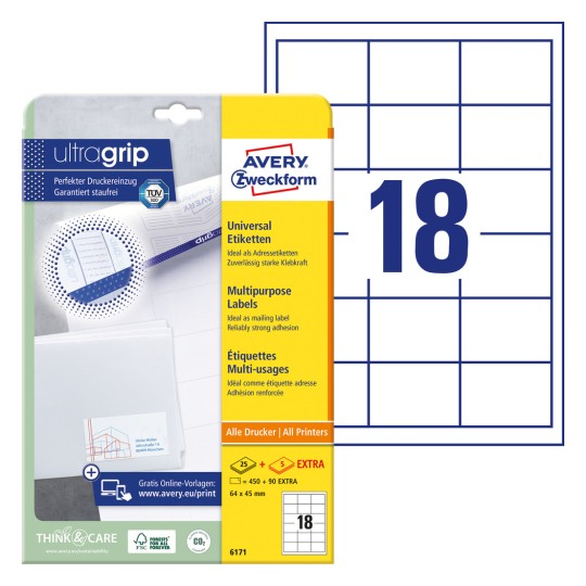 Slika pakiranja s listom naljepnica: Avery Zweckform univerzalne naljepnice, artikal: 6171, format: 64 x 45 mm, prikladno za: inkjet, laserski crno/bijelo, laserski u boji, sadržaj: 540 naljepnica / 30 listova, 18 naljepnica/list.