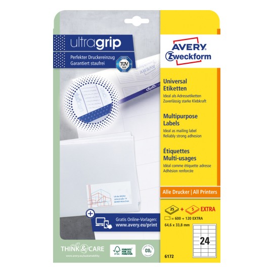 Slika pakiranja: Avery Zweckform univerzalne naljepnice, trajno ljepljive, artikl: 6172, format: 64,6 x 33,8 mm, prikladno za pisače: inkjet, crno/bijeli laser, kolor laser, sadržaj: 720 naljepnica / 30 listova, 24 naljepnice/list.