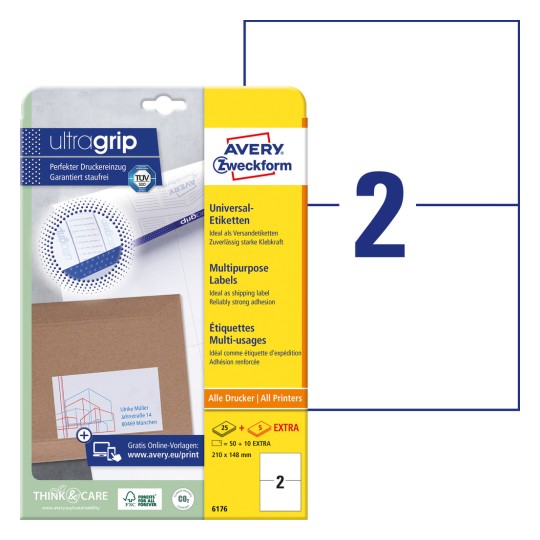 Slika pakiranja s listom naljepnica: Avery Zweckform univerzalne naljepnice, artikal: 6176, format: 210 x 148 mm, prikladno za ispis: Inkjet, crno-bijeli laser, laserski pisač u boji, sadržaj: 60 naljepnica / 30 listova, 2 naljepnice/list.