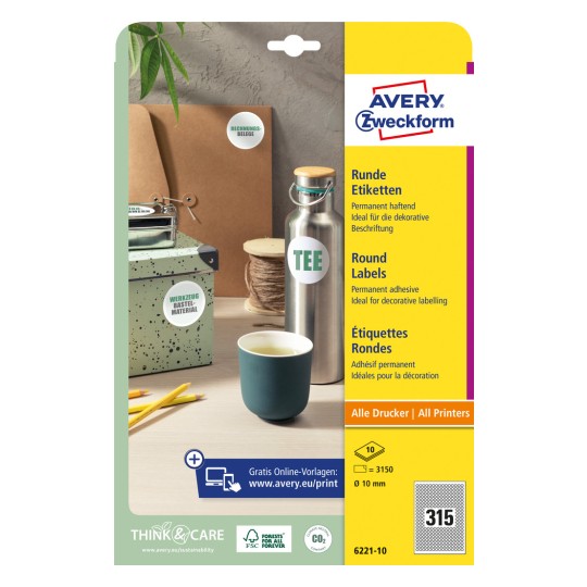 Slika pakiranja: Avery Zweckform okrugle etikete, artikl: 6221-10, format: ⌀ 10 mm, pogodnost za ispis: Inkjet, laserski crno-bijeli, laserski u boji, sadržaj: 3.150 etiketa / 10 listova, 315 etiketa/list.
