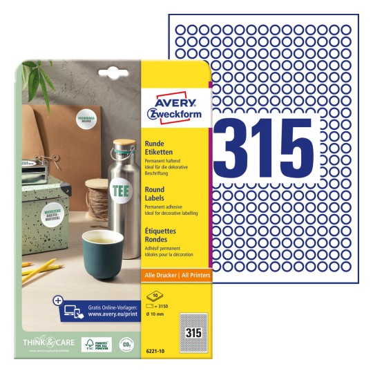 Slika pakiranja s listom naljepnica: Avery Zweckform Okrugle naljepnice, artikal: 6221-10, format: ⌀ 10 mm, prikladnost za ispis: Inkjet, crno-bijeli laser, kolor laser, sadržaj: 3.150 naljepnica / 10 listova, 315 naljepnica/list?