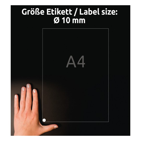 Usporedba veličine s rukom, Artikl: 6221REV-10, jedan list Okruglih naljepnica, može se ukloniti, format: ⌀ 10 mm, boja: Bijela.