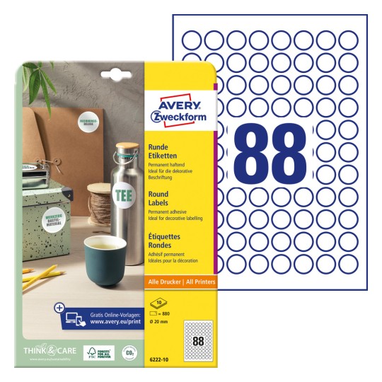 Slika pakiranja s listom etiketa: Avery Zweckform Okrugle etikete, Artikl: 6222-10, Format: ⌀ 20 mm, Pogodnost za ispis: Inkjet, crno-bijeli laser, kolor laser, Sadržaj: 880 etiketa / 10 listova, 88 etiketa/list?