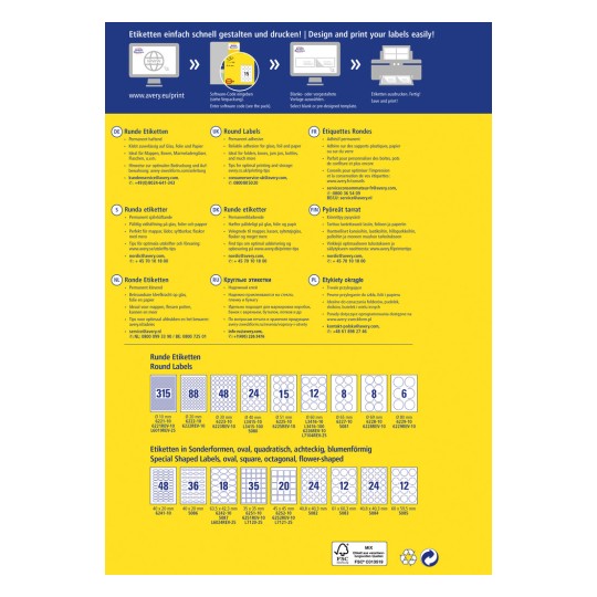 Slika prikazuje vodič za dizajn i ispis raznih vrsta naljepnica, uključujući okrugle i naljepnice posebnih oblika. Sadrži upute, dimenzije i kontakt informacije na više jezika.