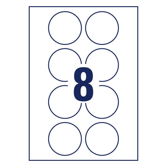 Crtanje izrezivanja pojedinačnog lista A4, Članak: 6227-10, Okrugle naljepnice, Format: ⌀ 65 mm, 8 naljepnica/plahta.