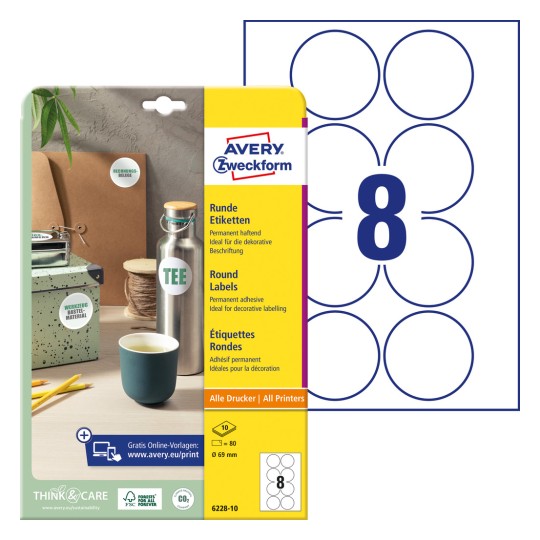 Pakiranje sa listom naljepnica: Avery Zweckform okrugle naljepnice, Artikal: 6228-10, Format: ⌀ 69 mm, Prikladno za ispis: Inkjet, Laser crno-bijelo, Laserski u boji, Sadržaj: 80 naljepnica / 10 listova, 8 naljepnica po listu.