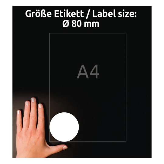 Veličina u usporedbi s rukom, Artikal: 6229REV-10, jedan list okruglih naljepnica, odvojivo, format: ⌀ 80 mm, boja: bijela