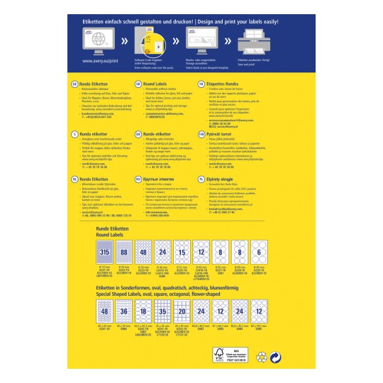 Ova slika sadrži informacije o dizajniranju i ispisu raznih vrsta naljepnica iz Averyja. Prikazuje okrugle naljepnice i naljepnice posebnih oblika, pružajući dimenzije i šifre proizvoda, zajedno sa savjetima za optimalni ispis i upotrebu na više jezika.
