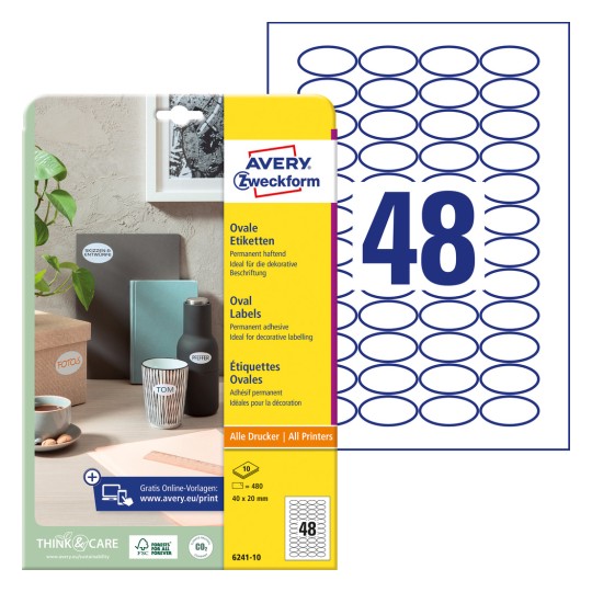 Pakiranje sa arkama naljepnica: Avery Zweckform ovalne naljepnice, artikl: 6241-10, format: 40 x 20 mm, pogodnost za ispis: Inkjet, crno-bijeli laser, laserski pisač u boji, sadržaj: 480 naljepnica / 10 araka, 48 naljepnica/arka.
