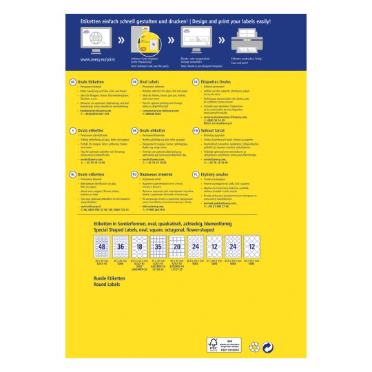 Slika prikazuje vodič za dizajn etiketa tvrtke Avery, s različitim tipovima etiketa uključujući ovalne, kvadratne, osmerokutne i cvjetne etikete, uz upute za ispis na više jezika.