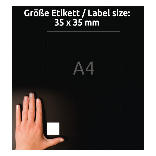 Usporedba veličine s rukom, Artikl: 6251-10, jedan list kvadratnih naljepnica, Format: 35 x 35 mm, Boja: Bijela.