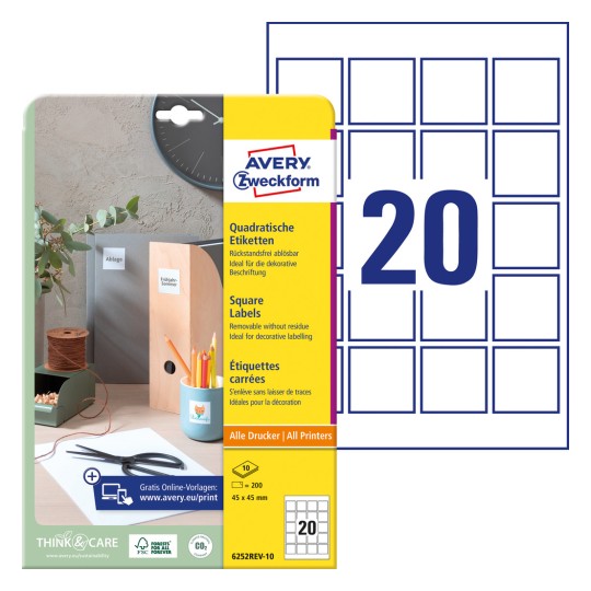 Slika pakiranja s listom naljepnica: Avery Zweckform Kvadratne naljepnice, skidive, artikl: 6252REV-10, format: 45 x 45 mm, pogodnost za ispis: Inkjet, crno-bijeli laser, kolor laser, sadržaj: 200 naljepnica / 10 listova, 20 naljepnica/list.