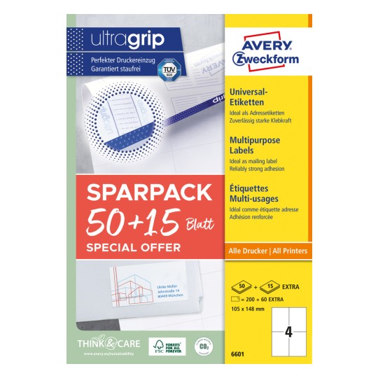 Slika pakiranja: Avery Zweckform univerzalne naljepnice, trajno ljepljive, artikl: 6601, format: 105 x 148 mm, pogodnost za ispis: inkjet, laserski crno/bijelo, laserski u boji, sadržaj: 260 naljepnica / 65 listova, 4 naljepnice po listu.