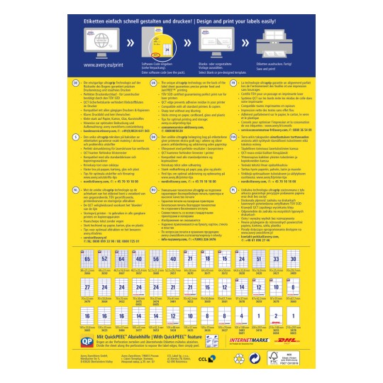 Ova slika sadrži informacije o dizajniranju i ispisivanju etiketa, uključuje različite jezike, savjete za optimalno ispisivanje te popis veličina i specifikacija etiketa od Averyja.