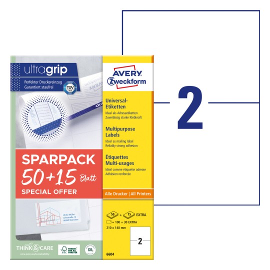 Slika pakiranja s listom naljepnica: Avery Zweckform univerzalne naljepnice, artikl: 6604, format: 210 x 148 mm, prikladnost za tiskanje: Inkjet, crno-bijeli laser, laserski u boji, sadržaj: 130 naljepnica / 65 listova, 2 naljepnice/list?