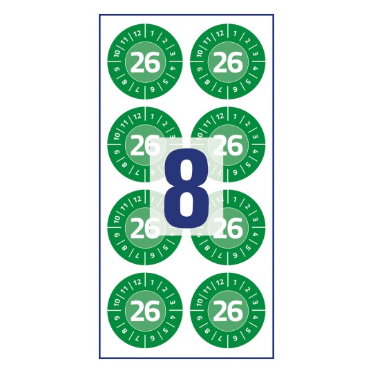 Shematski prikaz jednog lista, Artikl: 6944-2026, Inspekcijski natpisi, Format: ⌀ 30 mm, 8 inspekcijskih naljepnica/ list?