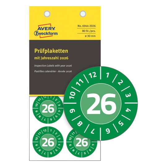 Slikovna prikaz ambalaže s ispitnim plakom: Avery Zweckform ispitne naljepnice, Artikal: 6944-2026, Format: ⌀ 30 mm, Sadržaj: 80 ispitnih naljepnica / 10 listova, 8 ispitnih naljepnica po listu.