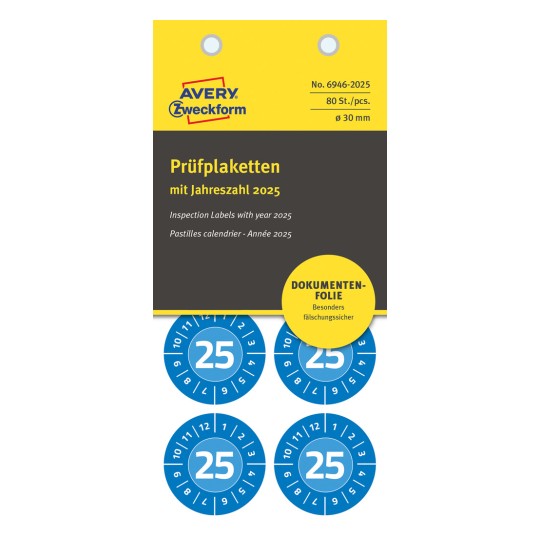 Slika pakiranja: Avery Zweckform Non A4 inspekcijske naljepnice, artikl: 6946-2025, format: ⌀ 30 mm, sadržaj: 80 inspekcijskih naljepnica / 10 listova, 8 inspekcijskih naljepnica po listu.