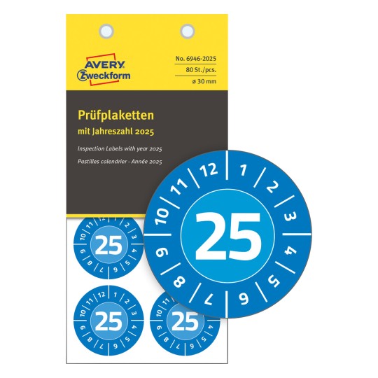 Oznaka na pakiranju s ispitnom naljepnicom: Avery Zweckform ispitne naljepnice, proizvod: 6946-2025, format: ⌀ 30 mm, sadržaj: 80 ispitnih naljepnica / 10 listova, 8 ispitnih naljepnica/list?