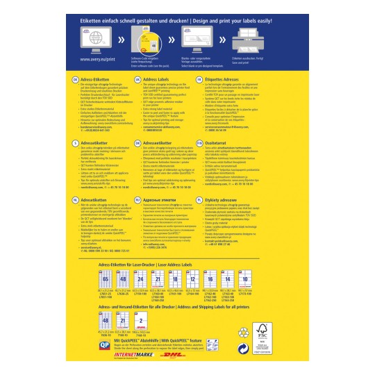 Slika prikazuje informacije o adresnim etiketama, opisujući njihove značajke, tehnologiju ispisa i razne dostupne predloške. Uključuje višejezični tekst za lakše razumijevanje i upute o tome kako učinkovito koristiti etikete.