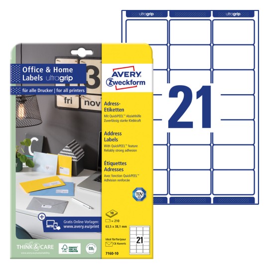 Slika pakiranja s listom naljepnica: Avery Zweckform adrese naljepnice, Home Office, malo pakiranje, Artikl: 7160-10, Format: 63,5 x 38,1 mm, Pogodno za ispis: Inkjet, laserski crno-bijelo, laserski u boji, Sadržaj: 210 naljepnica / 10 listova, 21 naljepnica/list?