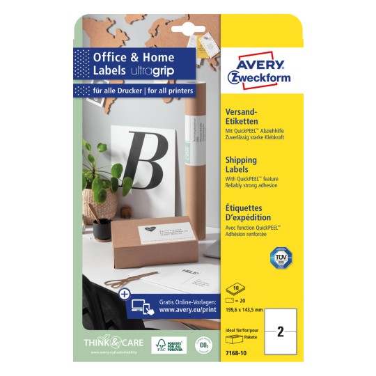 Slika pakiranja: Avery Zweckform bijele naljepnice za otpremu, Artikl: 7168-10, Format: 199,6 x 143,5 mm, Prikladno za: Inkjet, laserski pisač crno-bijeli, laserski pisač u boji, Sadržaj: 20 naljepnica / 10 listova, 2 naljepnice po listu.