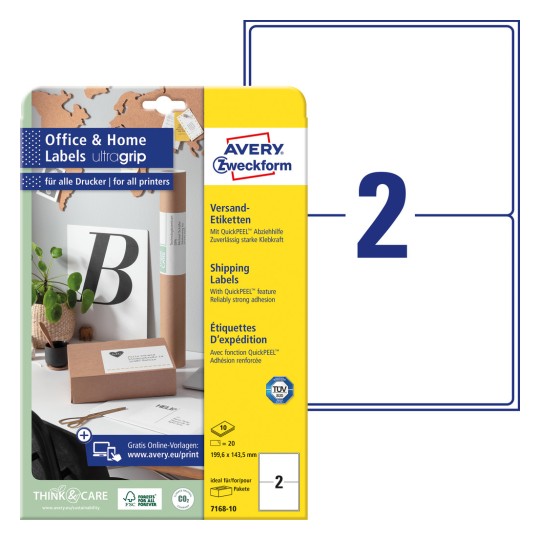 Slika pakiranja s listovima naljepnica: Avery Zweckform poštanske naljepnice, kućni ured, malo pakiranje, artikl: 7168-10, format: 199,6 x 143,5 mm, prikladnost za ispis: inkjet, crno-bijeli laser, laserski u boji, sadržaj: 20 naljepnica / 10 listova, 2 naljepnice/list?
