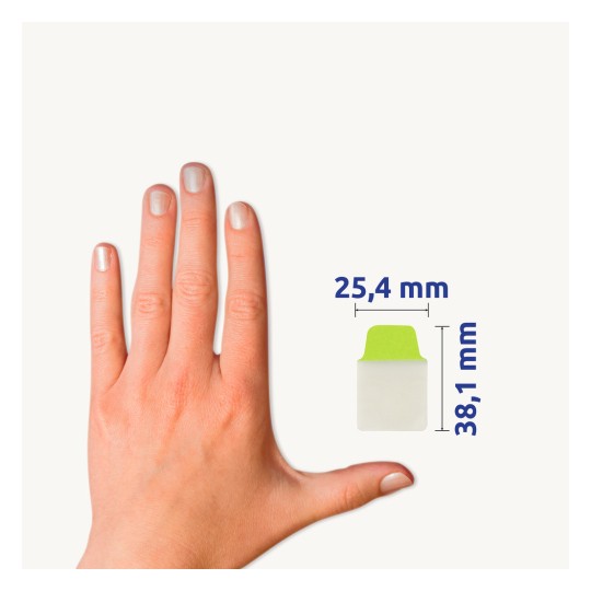 Usporedba veličine s rukom, broj artikla: 74760, jedan list ljepljivih traka, format: 25,4 x 38,1 mm, boje: zelena, plava, crvena, narančasta.