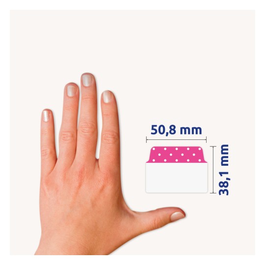 Usporedba veličine s rukom, Artikl: 74773, jedan list ljepljivih traka, Format: 50,8 x 38,1 mm, Boja: svijetloplava, ružičasta, ljubičasta.